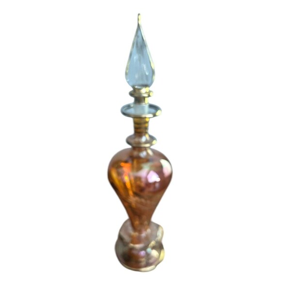 Amber Iridescent Perfume Bottle Gold Tone Trim Etched Flowers Delicate Dauber - Picture 2 of 6